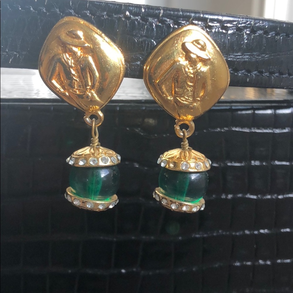 Gold and green drop earrings
